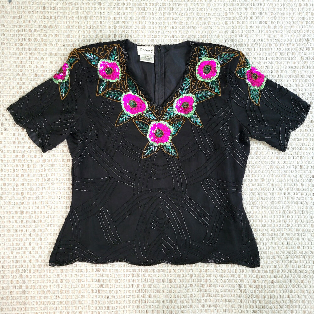 Vintage XL 80s Stenay 100% Silk Black Beaded Top Floral Sequin Sparkle V Neck